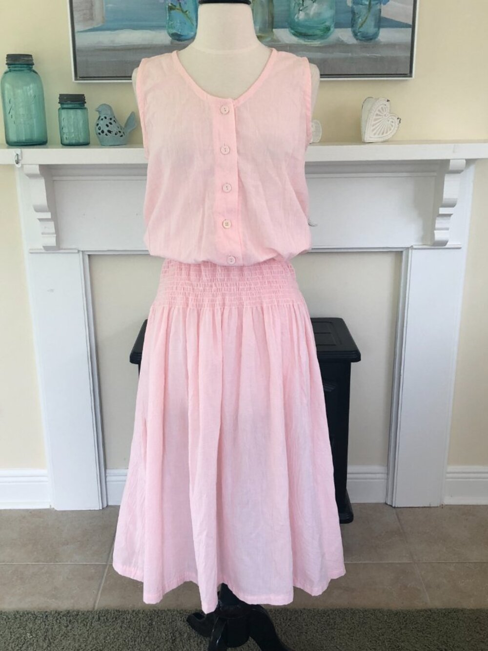 Vintage Jodi Schwartz Pink Sleeveless Smock Waist Midi Dress Medium Feminine USA